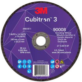 3M™ Cubitron™ 3 Depressed Center Grinding Wheel, 90008, 36+, T27, 7 in x 1/4 in x 7/8 in (180x6x22.23mm) ANSI, 10/Pack, 20 ea/Case