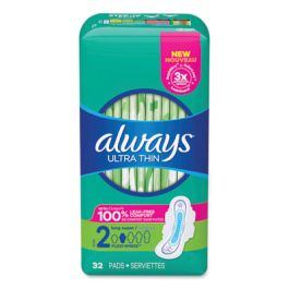 Ultra Thin Pads with Wings, Size 2, Long, Super Absorbent, 32/Pack, 3 Packs/Carton