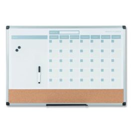 3-in-1 Planner Board, Monthly Planning/Scheduling Calendar, 24" x 18", Tan/White/Blue Surface, Satin Aluminum Frame