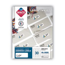 White Laser/Inkjet Shipping Address Labels, Inkjet/Laser Printers, 1 x 2.63, White, 30 Labels/Sheet, 100 Sheets/Box