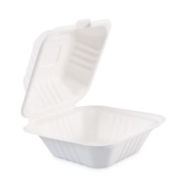 Bagasse Food Containers, Hinged Lid, 6 x 6 x 3.19, White, Sugarcane, 125/Sleeve, 4 Sleeves/Carton