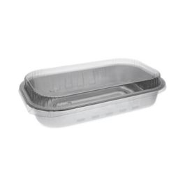 Aluminum Carry-Out Container with OPS Tamper-Evident Dome Lid, 72 oz, 12.25 x 7.5 x 3.13, Silver, Aluminum, 125/Carton