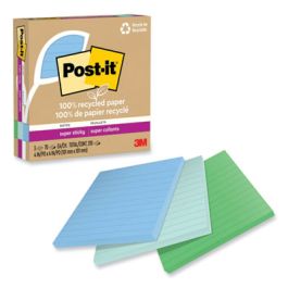 100% Recycled Paper Super Sticky Notes, Ruled, 4" x 4", Oasis, 70 Sheets/Pad, 3 Pads/Pack