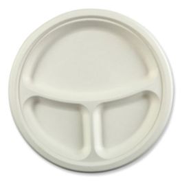 Bagasse PFAS-Free Dinnerware, 3-Compartment Plate, Sugarcane, 10.24" dia, White, 500/Carton