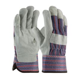 Economy Grade Split Cowhide Leather Palm Glove with Fabric Back - Rubberized Safety Cuff, Blue, L