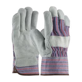 Economy Grade Split Cowhide Leather Palm Glove with Fabric Back - Starched Safety Cuff, Blue, MENS 85-7500SC