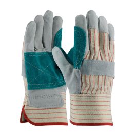 Economy Grade Split Cowhide Leather Double Palm Glove with Fabric Back - Rubberized Safety Cuff, Gray