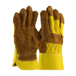 Economy Grade Split Cowhide Leather Palm Glove with Fabric Back - Rubberized Safety Cuff, Yellow, MENS 85-7513P