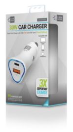 PD Car Charger, 30 W, Two 3 A Ports, White