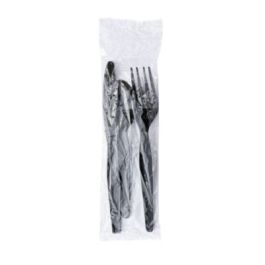Three-Piece Polystyrene Cutlery Kit, Heavyweight, Fork/Knife/Spoon, Plastic, Black, 250/Carton
